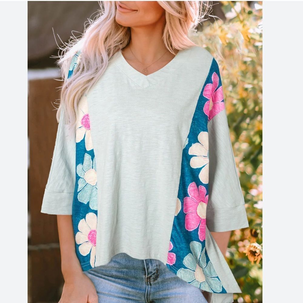 GREEN FLOWER PATCHWORK EXPOSED SEAM OVERSIZED HIGH LOW TOP